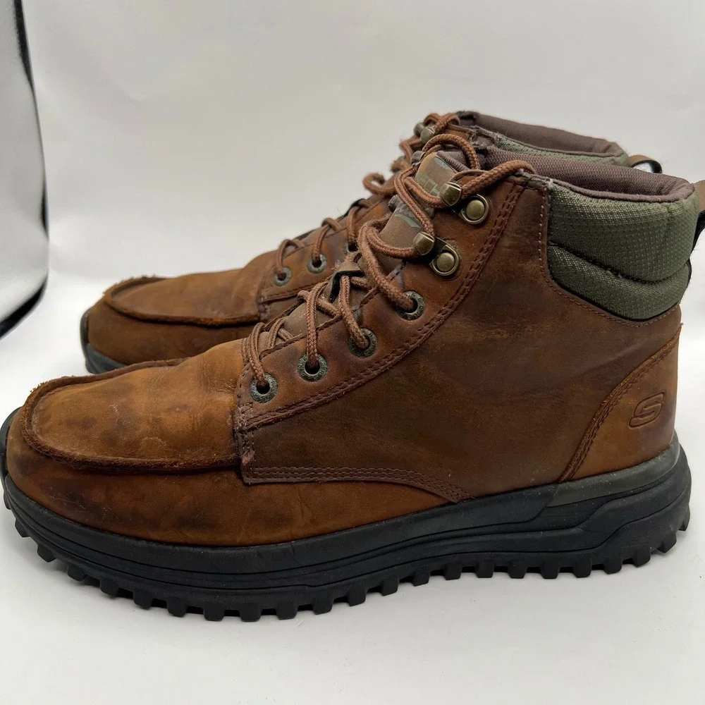 Skechers Boswell Relaxed Fit Mens Brown Leather Moc Toe Boots Steady Grip 9.5